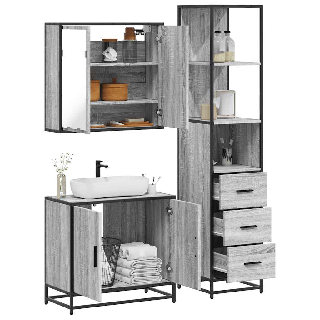 3 pcs Conjunto móveis casa de banho madeira proc. cinza sonoma