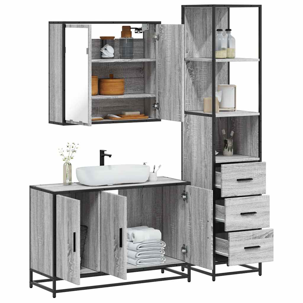 3 pcs Conjunto móveis casa de banho madeira proc. cinza sonoma