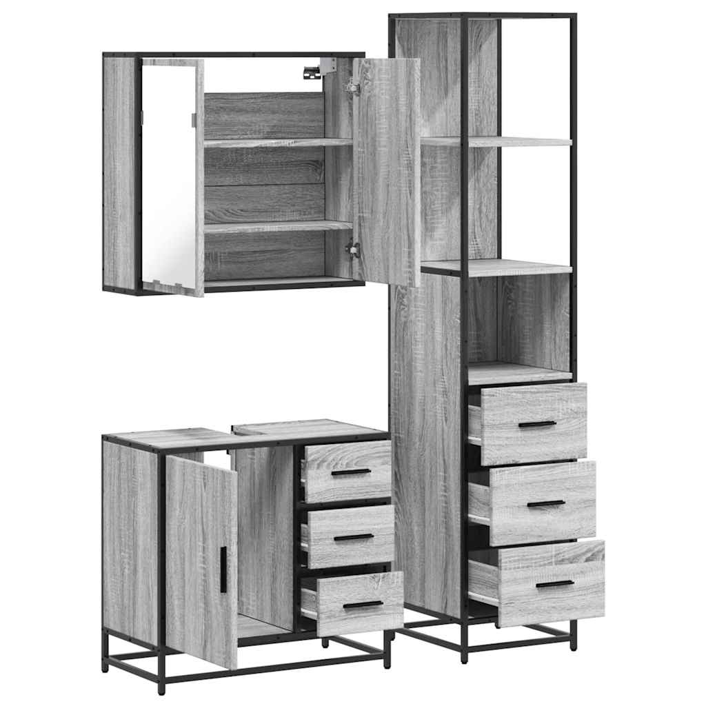 3 pcs Conjunto móveis casa de banho madeira proc. cinza sonoma