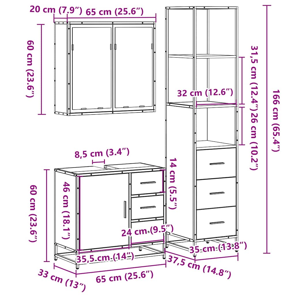 3 pcs Conjunto móveis casa de banho madeira proc. cinza sonoma