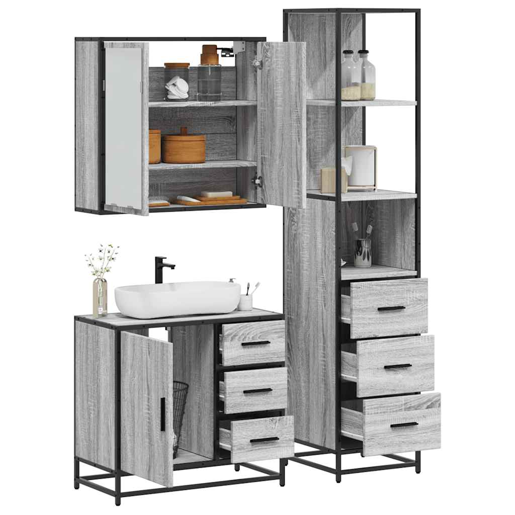 3 pcs Conjunto móveis casa de banho madeira proc. cinza sonoma