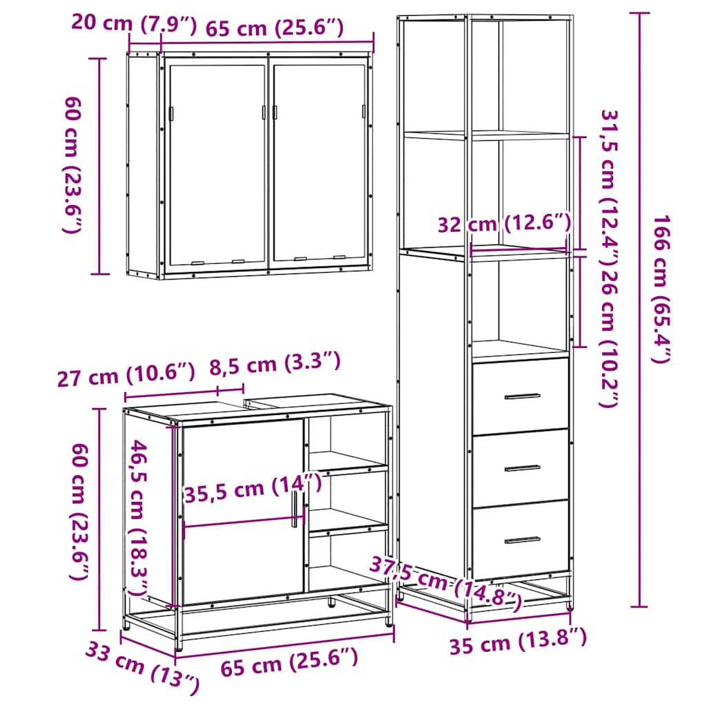 3 pcs Conjunto móveis casa de banho madeira proc. cinza sonoma