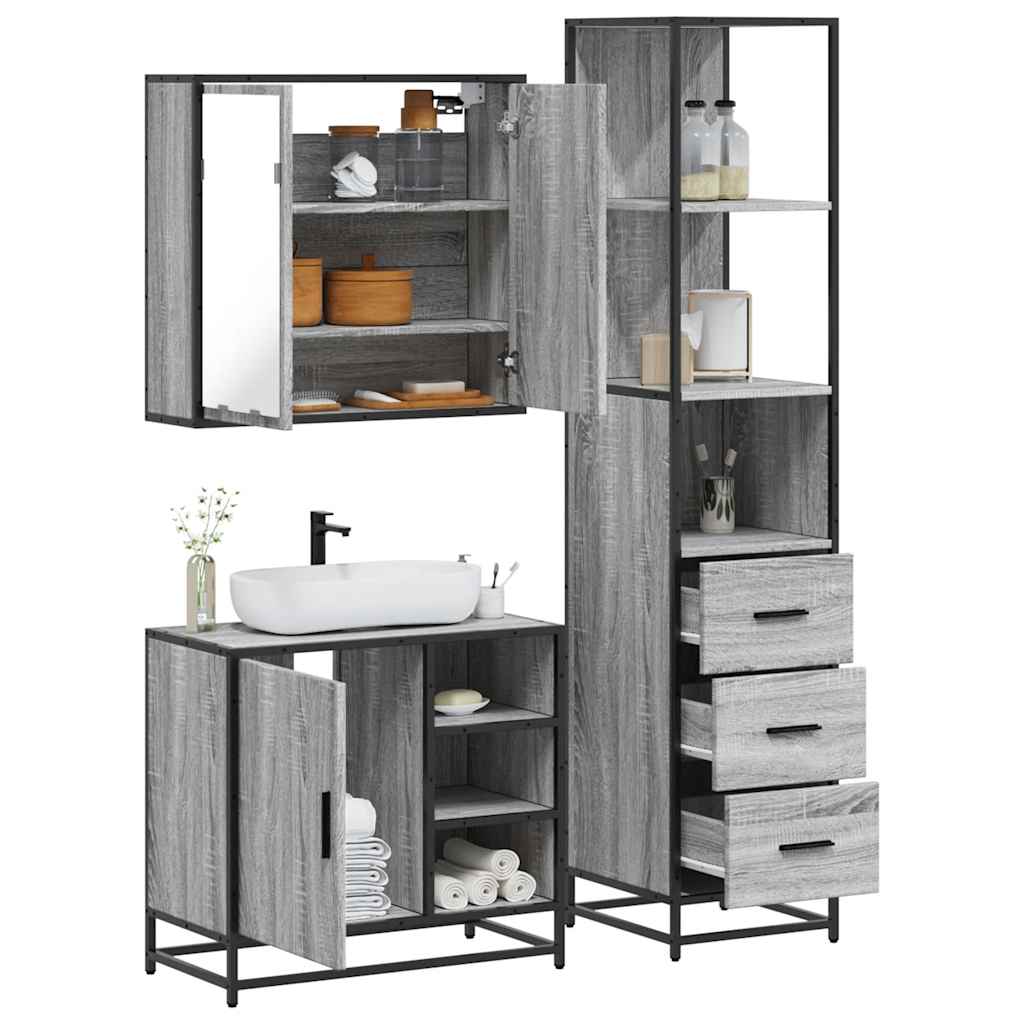 3 pcs Conjunto móveis casa de banho madeira proc. cinza sonoma