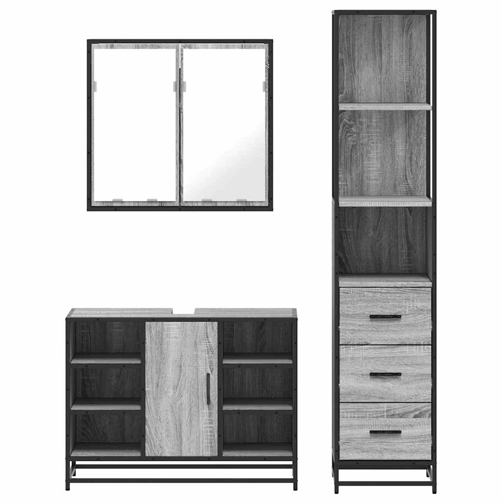 3 pcs Conjunto móveis casa de banho madeira proc. cinza sonoma