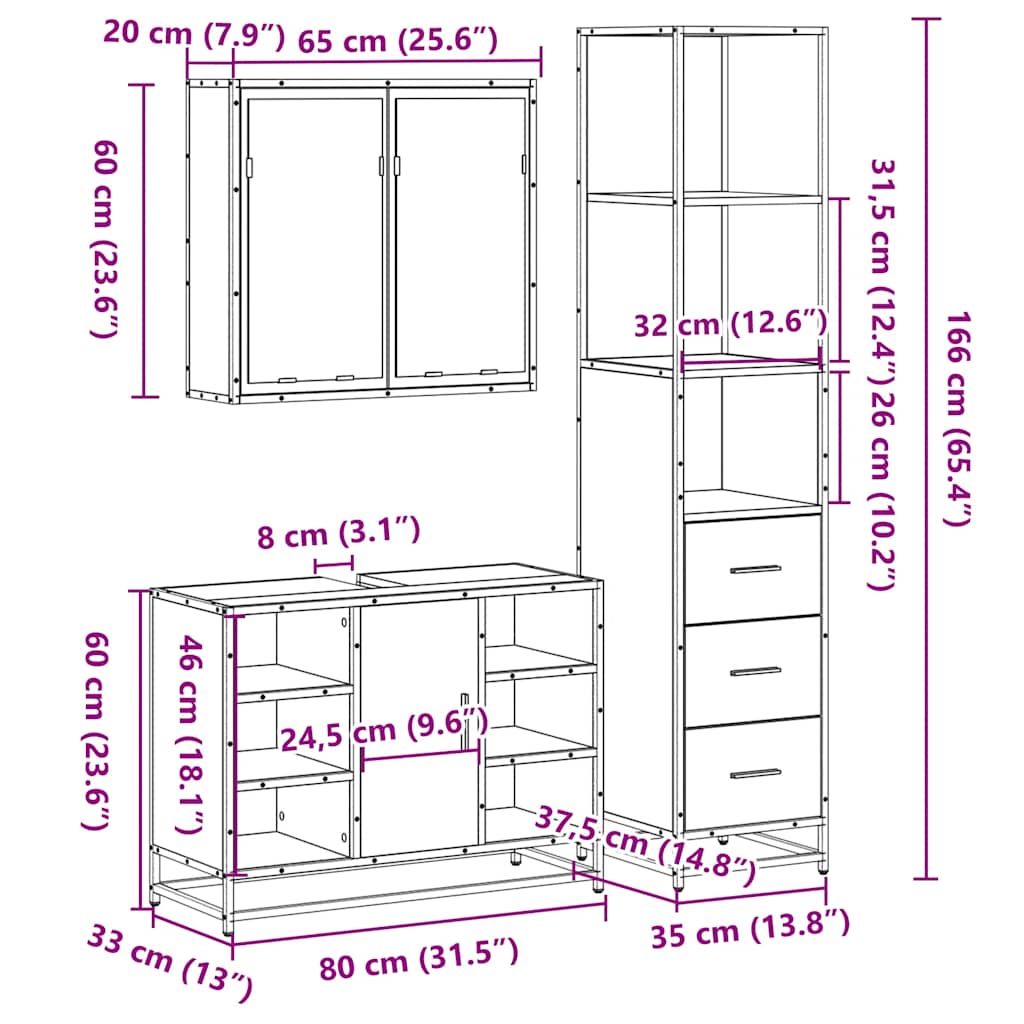 3 pcs Conjunto móveis casa de banho madeira proc. cinza sonoma
