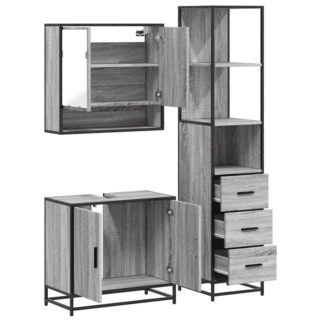 3 pcs Conjunto móveis casa de banho madeira proc. cinza sonoma