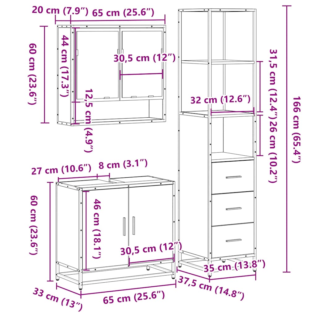 3 pcs Conjunto móveis casa de banho madeira proc. cinza sonoma