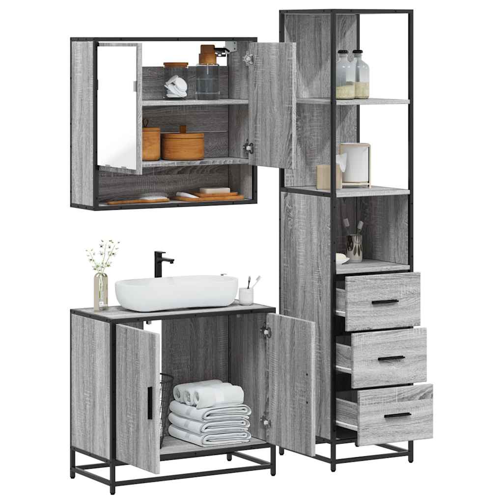3 pcs Conjunto móveis casa de banho madeira proc. cinza sonoma