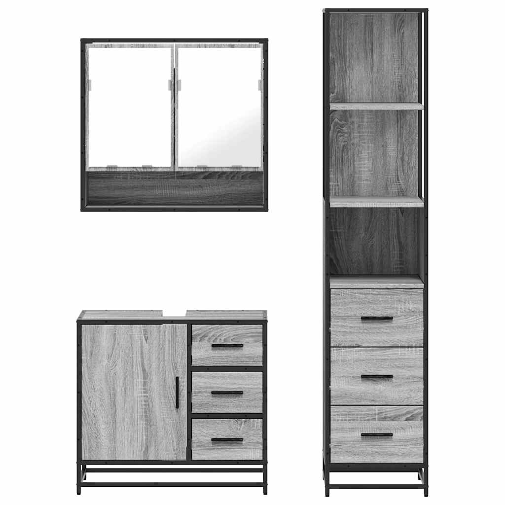 3 pcs Conjunto móveis casa de banho madeira proc. cinza sonoma