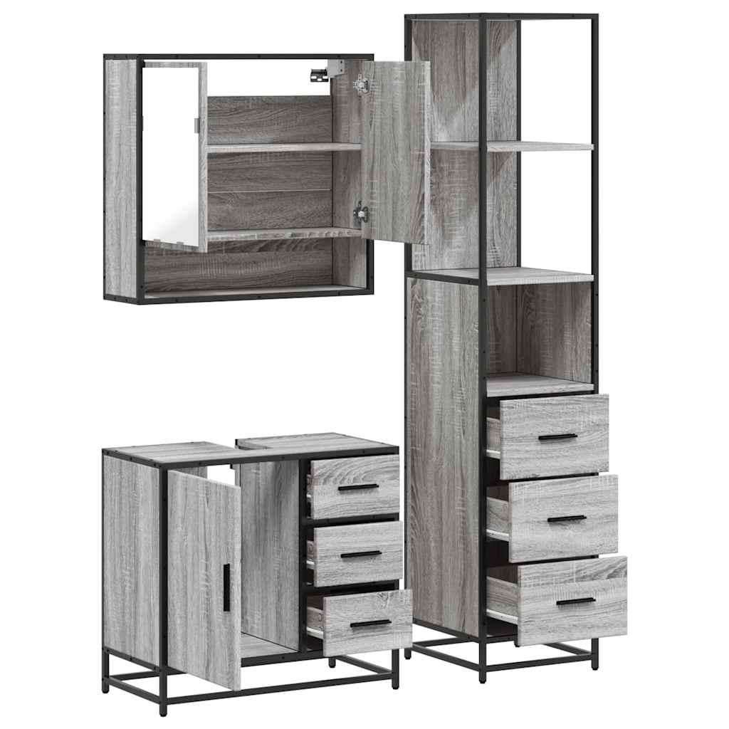 3 pcs Conjunto móveis casa de banho madeira proc. cinza sonoma