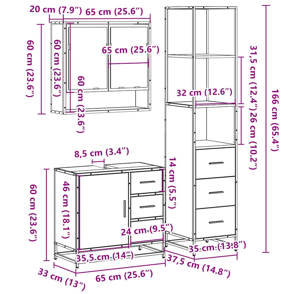 3 pcs Conjunto móveis casa de banho madeira proc. cinza sonoma