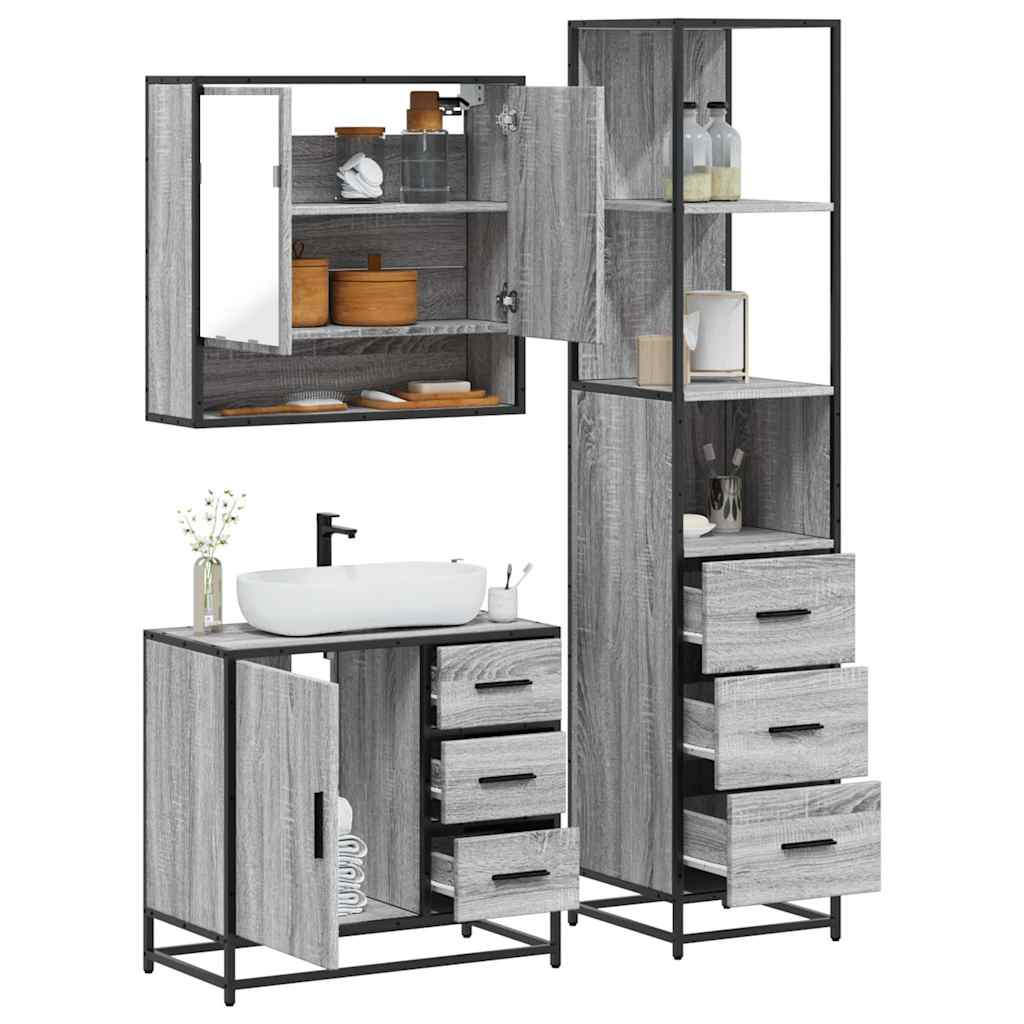 3 pcs Conjunto móveis casa de banho madeira proc. cinza sonoma