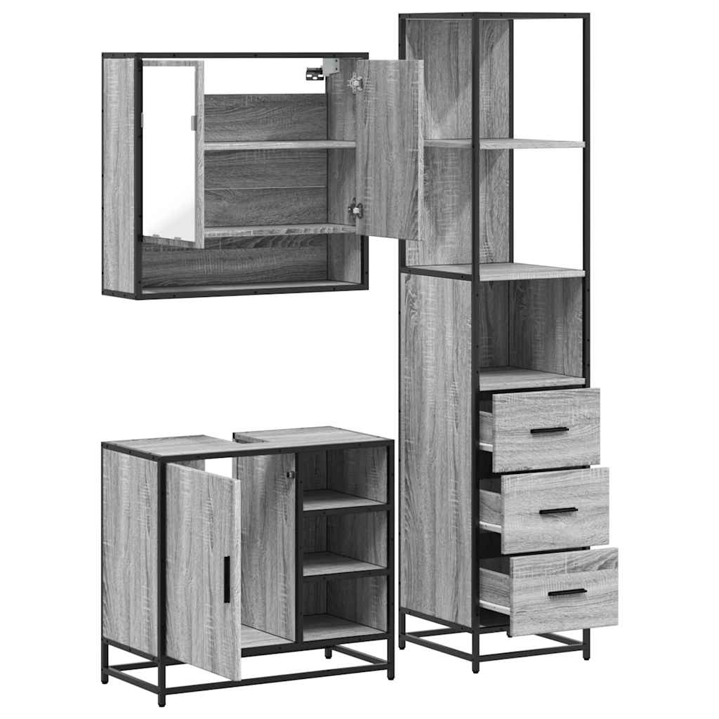 3 pcs Conjunto móveis casa de banho madeira proc. cinza sonoma