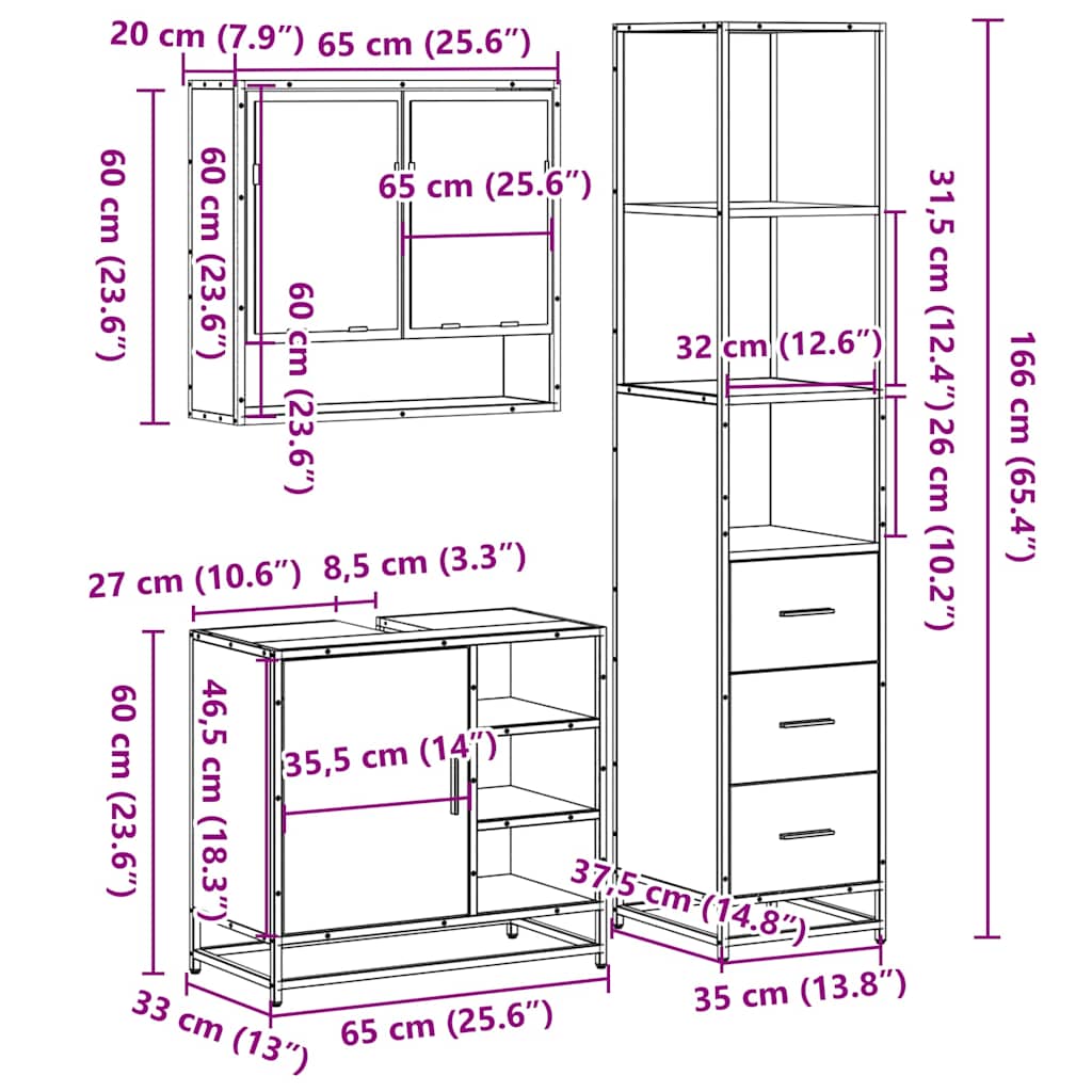 3 pcs Conjunto móveis casa de banho madeira proc. cinza sonoma