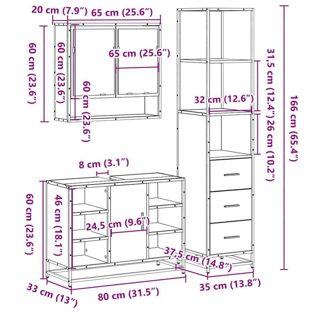 3 pcs Conjunto móveis casa de banho madeira proc. cinza sonoma
