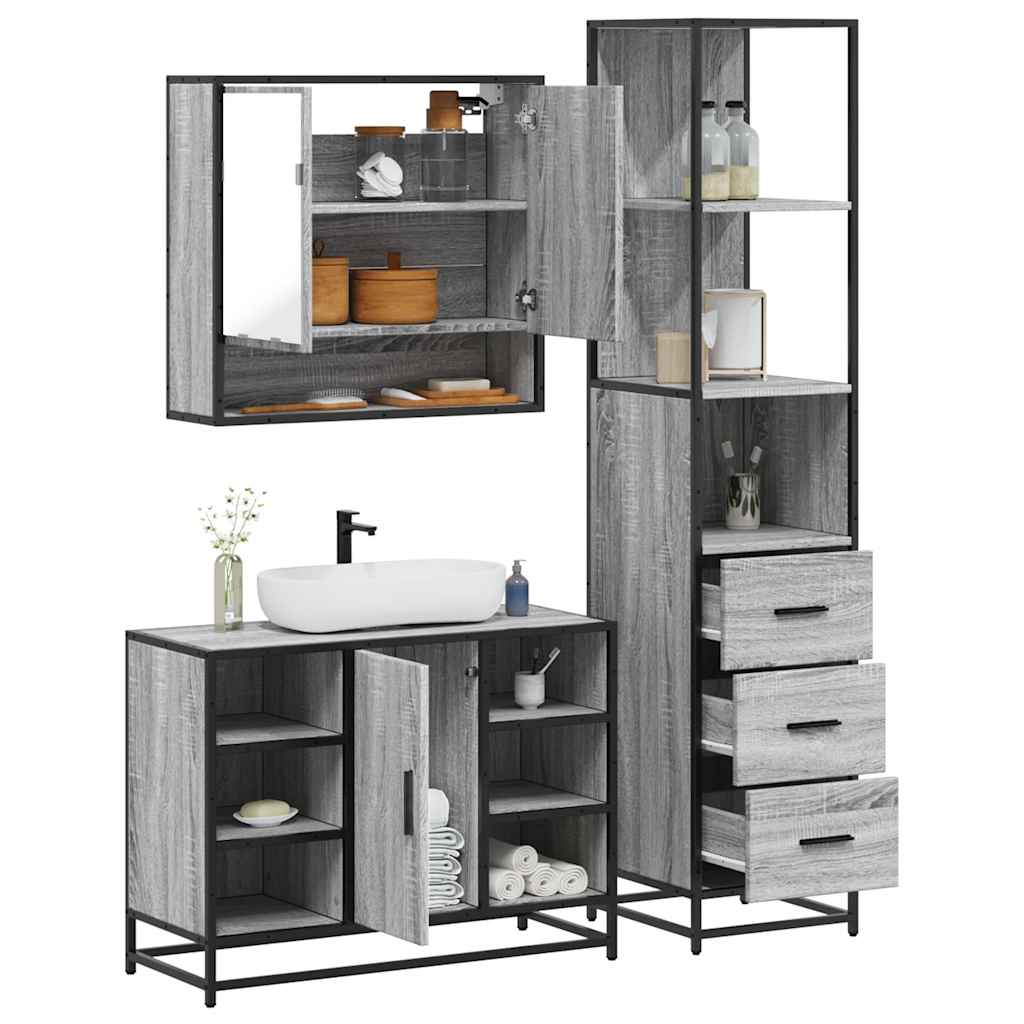 3 pcs Conjunto móveis casa de banho madeira proc. cinza sonoma