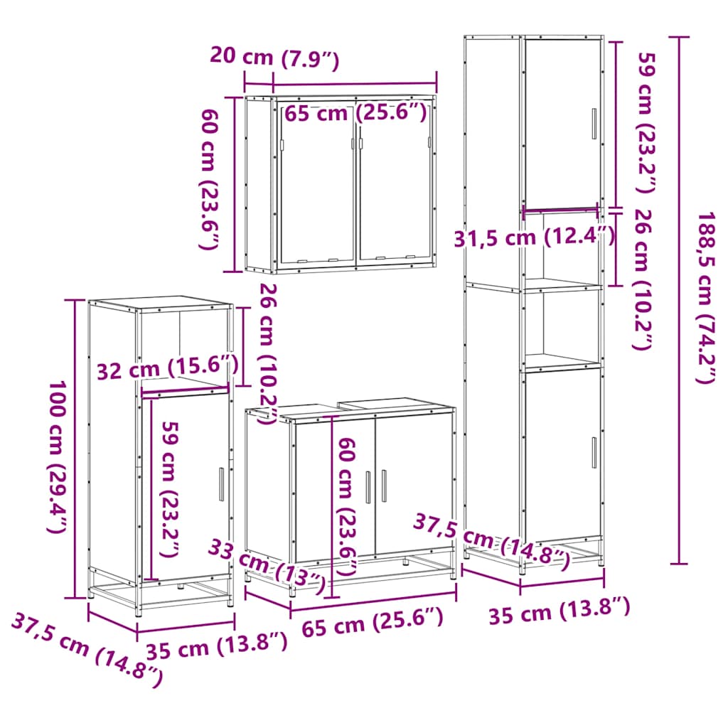 4 pcs Conjunto móveis casa de banho madeira proc. cinza sonoma
