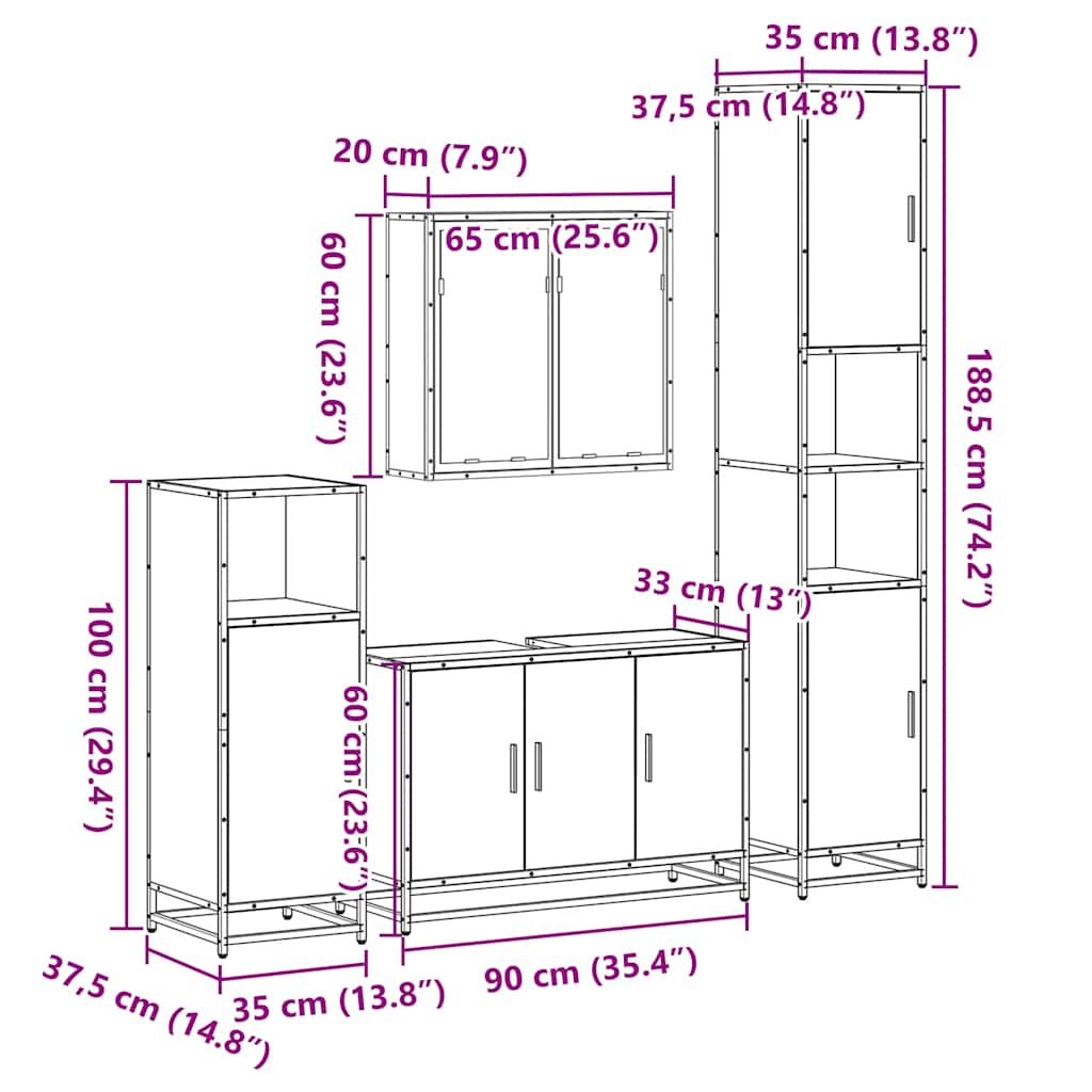 4 pcs Conjunto móveis casa de banho madeira proc. cinza sonoma