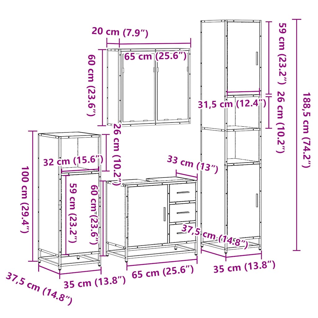 4 pcs Conjunto móveis casa de banho madeira proc. cinza sonoma