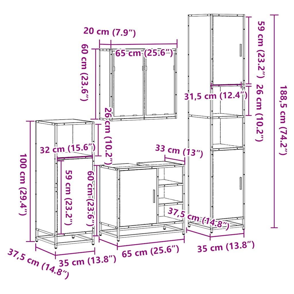 4 pcs Conjunto móveis casa de banho madeira proc. cinza sonoma