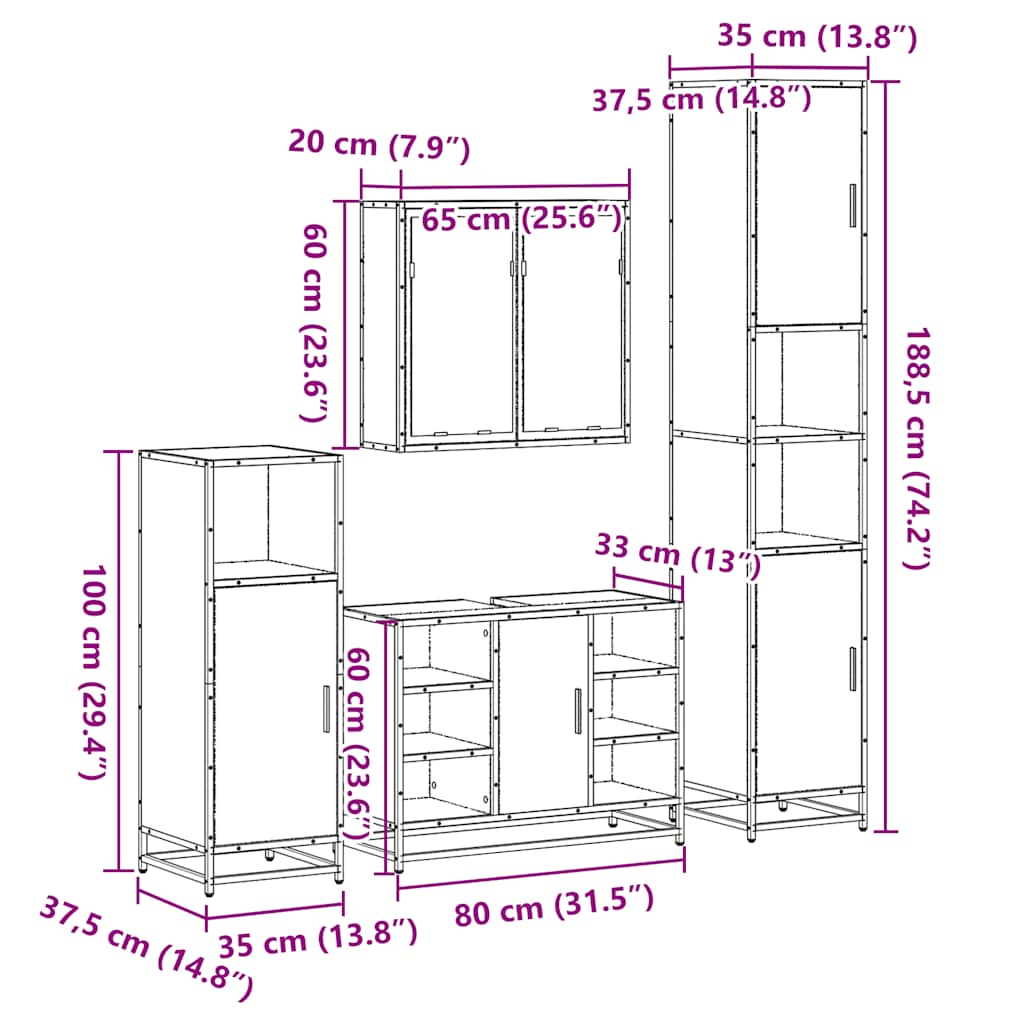 4 pcs Conjunto móveis casa de banho madeira proc. cinza sonoma
