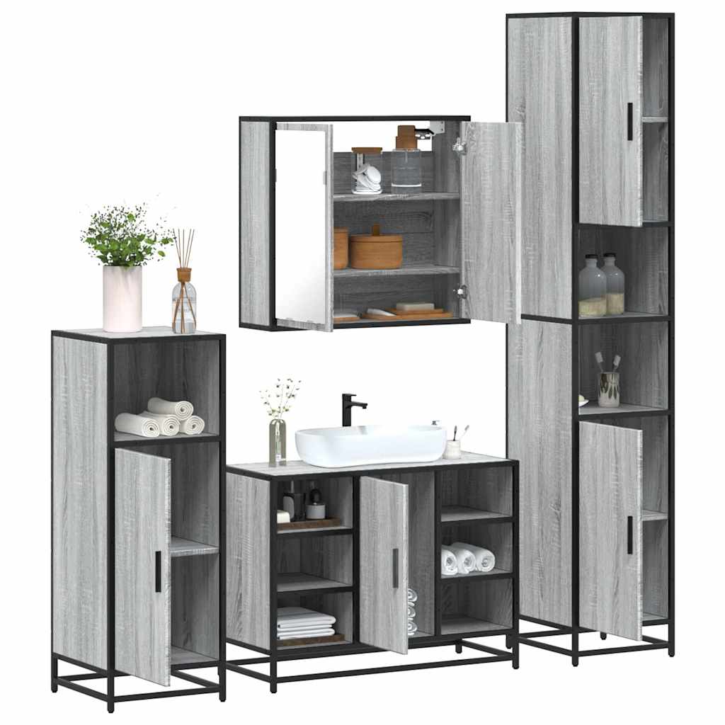 4 pcs Conjunto móveis casa de banho madeira proc. cinza sonoma