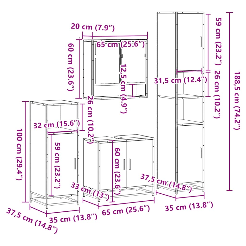 4 pcs Conjunto móveis casa de banho madeira proc. cinza sonoma
