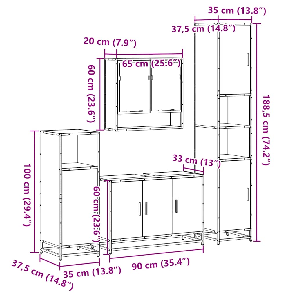 4 pcs Conjunto móveis casa de banho madeira proc. cinza sonoma