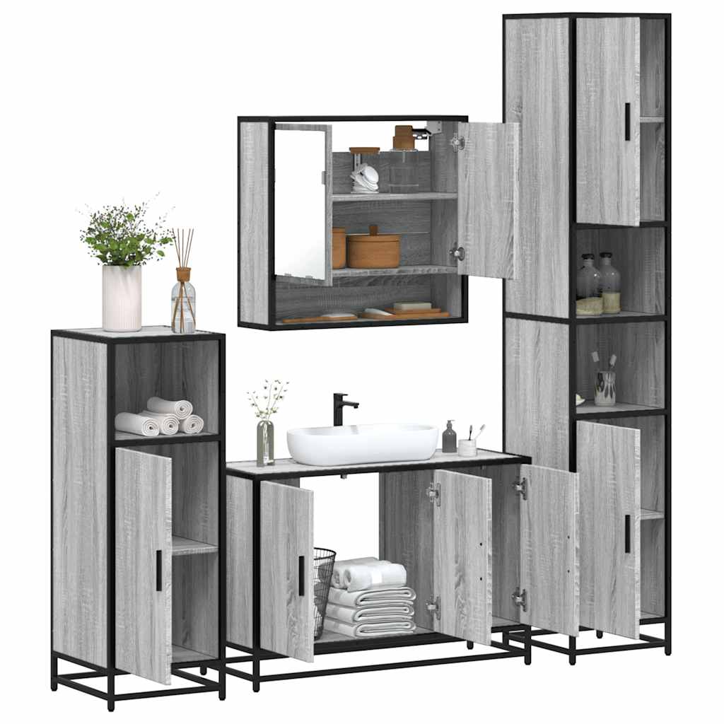 4 pcs Conjunto móveis casa de banho madeira proc. cinza sonoma