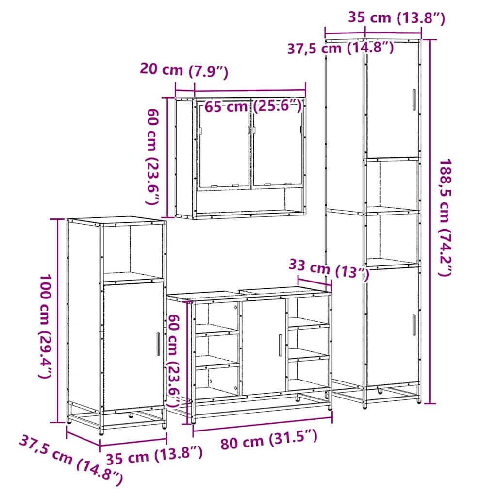 4 pcs Conjunto móveis casa de banho madeira proc. cinza sonoma