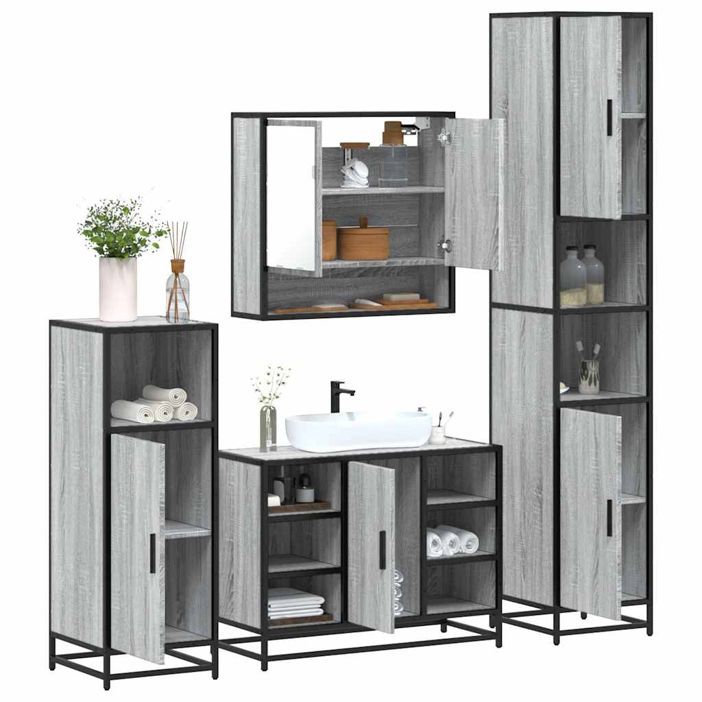4 pcs Conjunto móveis casa de banho madeira proc. cinza sonoma