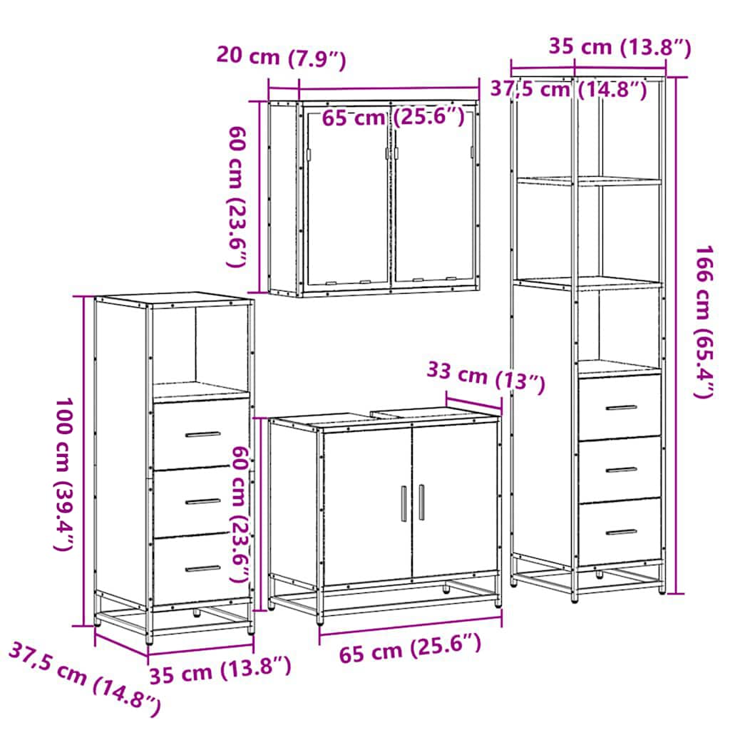 4 pcs Conjunto móveis casa de banho madeira proc. cinza sonoma