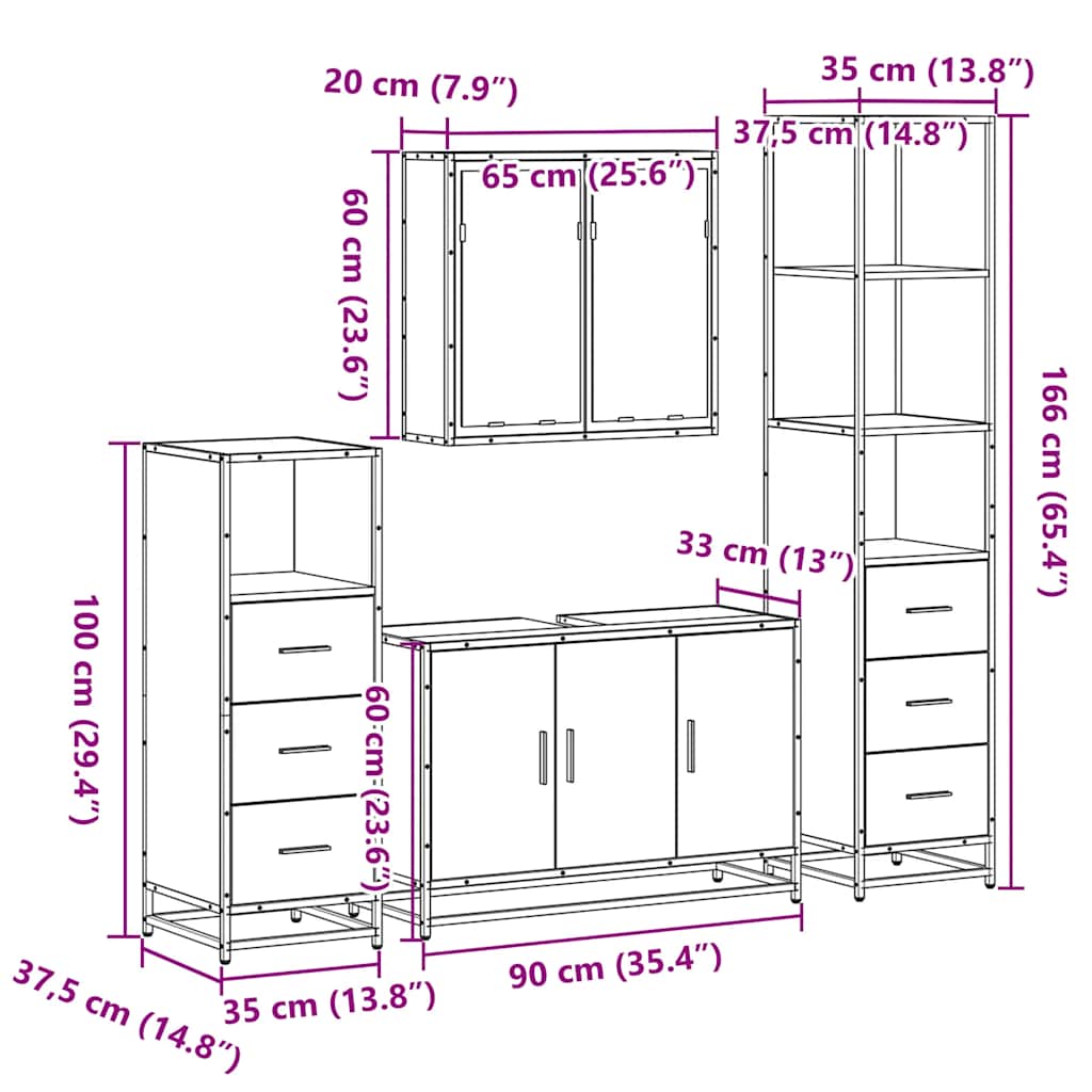4 pcs Conjunto móveis casa de banho madeira proc. cinza sonoma