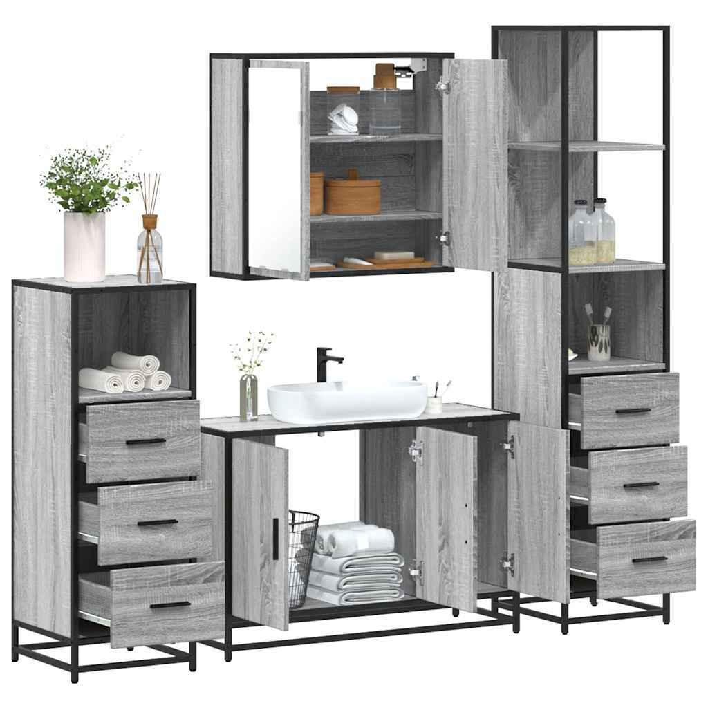 4 pcs Conjunto móveis casa de banho madeira proc. cinza sonoma