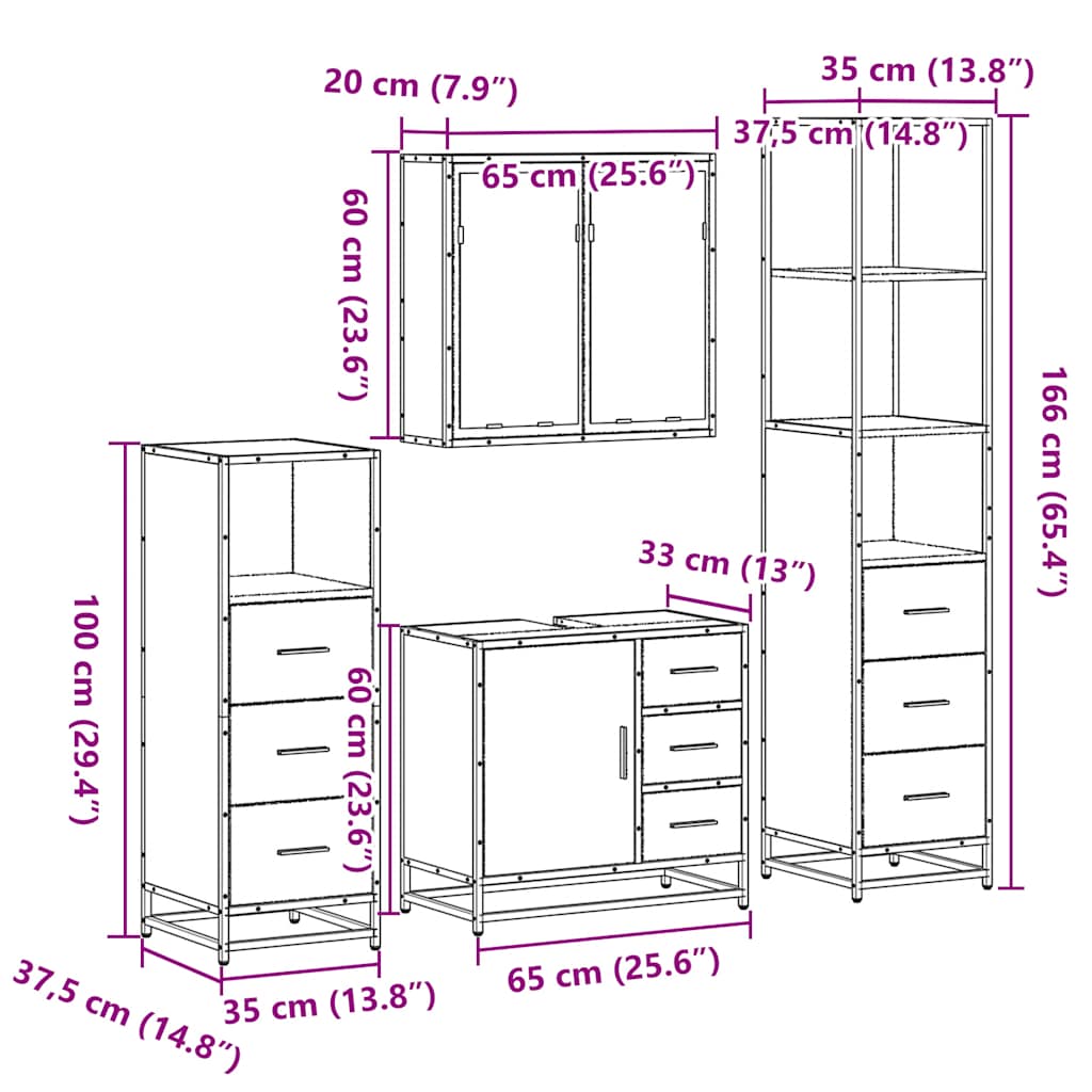 4 pcs Conjunto móveis casa de banho madeira proc. cinza sonoma