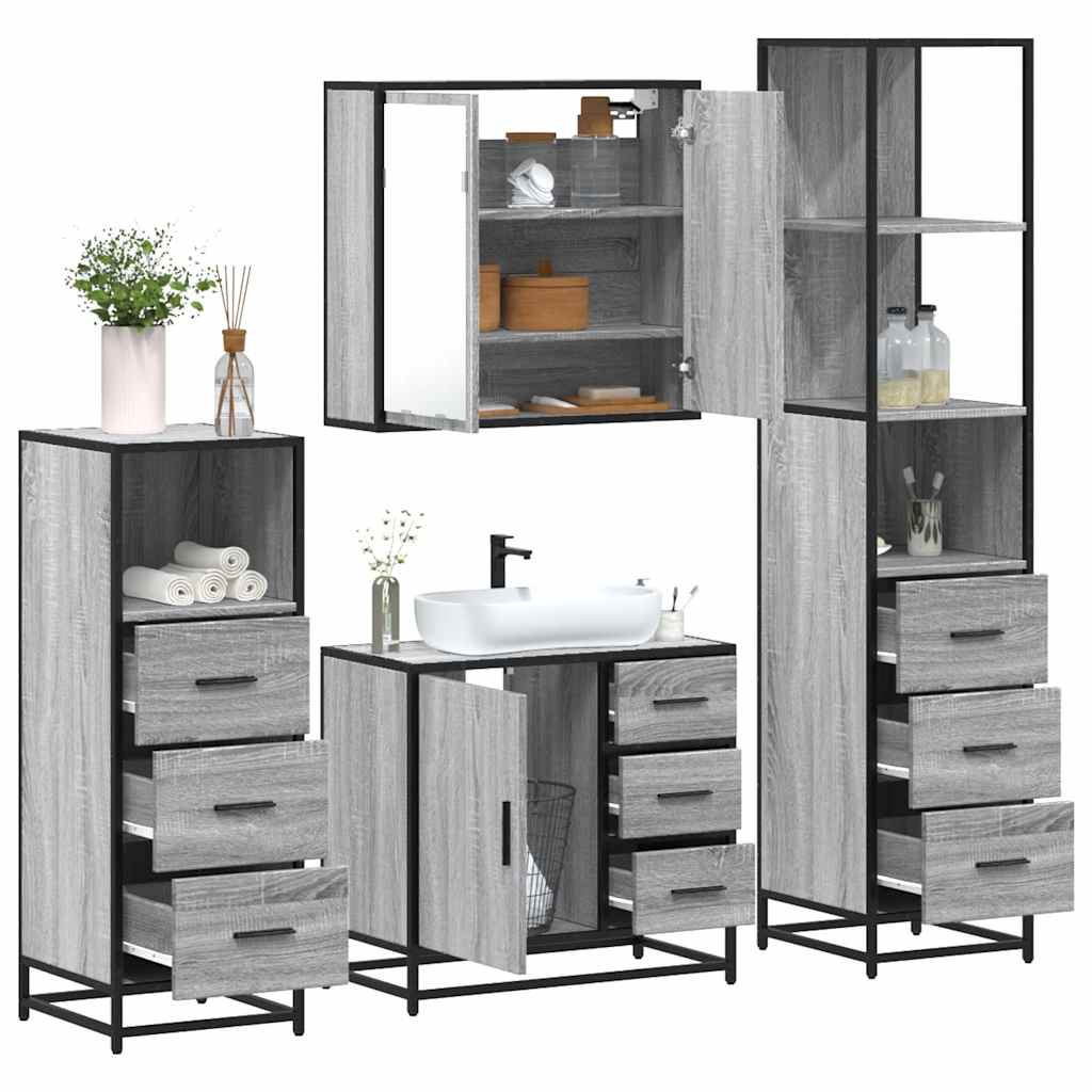 4 pcs Conjunto móveis casa de banho madeira proc. cinza sonoma