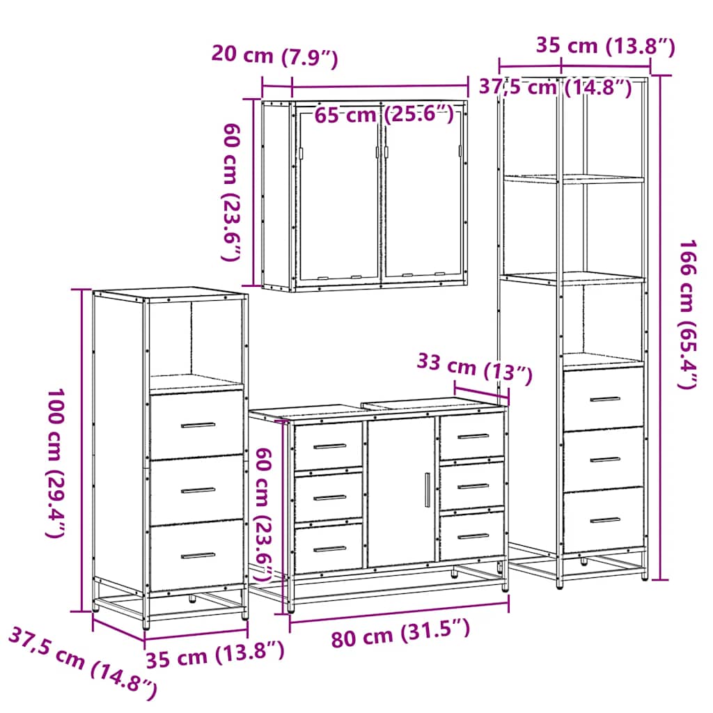 4 pcs conj. móveis WC derivados madeira cor carvalho castanho