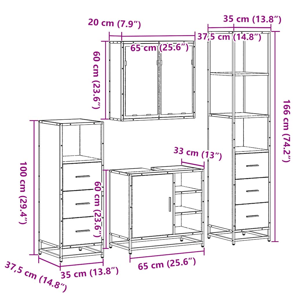 4 pcs Conjunto móveis casa de banho madeira proc. cinza sonoma