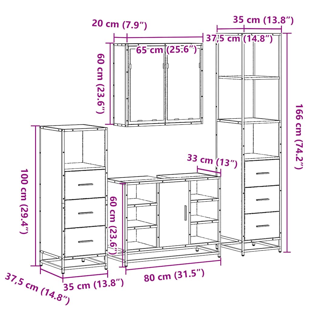 4 pcs Conjunto móveis casa de banho madeira proc. cinza sonoma