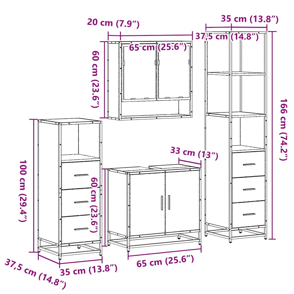 4 pcs Conjunto móveis casa de banho madeira proc. cinza sonoma