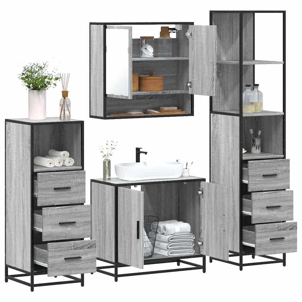 4 pcs Conjunto móveis casa de banho madeira proc. cinza sonoma