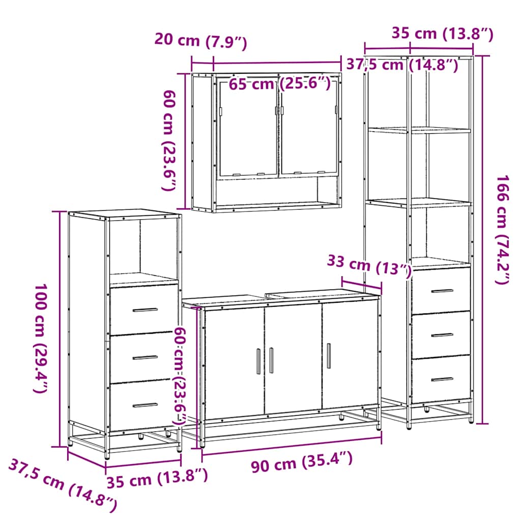4 pcs Conjunto móveis casa de banho madeira proc. cinza sonoma