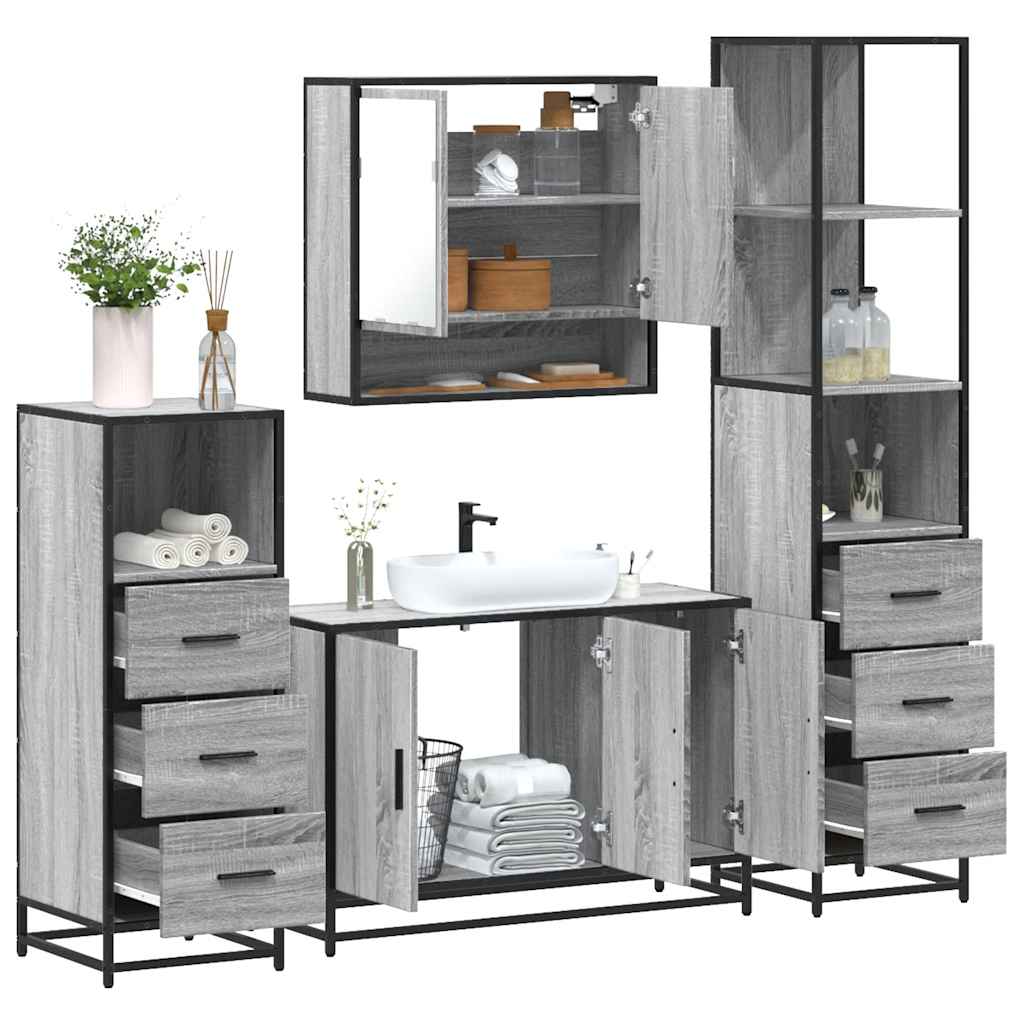 4 pcs Conjunto móveis casa de banho madeira proc. cinza sonoma