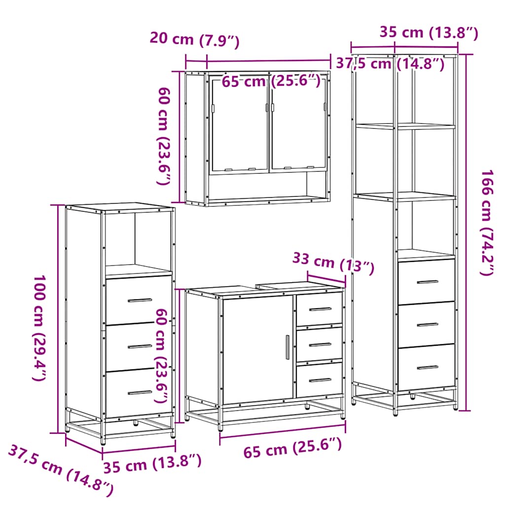 4 pcs Conjunto móveis casa de banho madeira proc. cinza sonoma