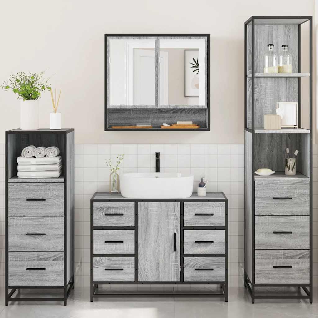 4 pcs Conjunto móveis casa de banho madeira proc. cinza sonoma