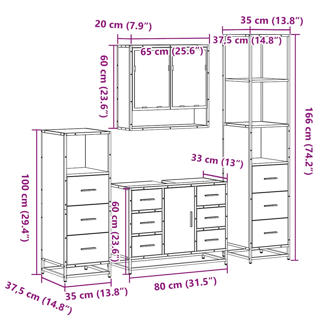 4 pcs Conjunto móveis casa de banho madeira proc. cinza sonoma
