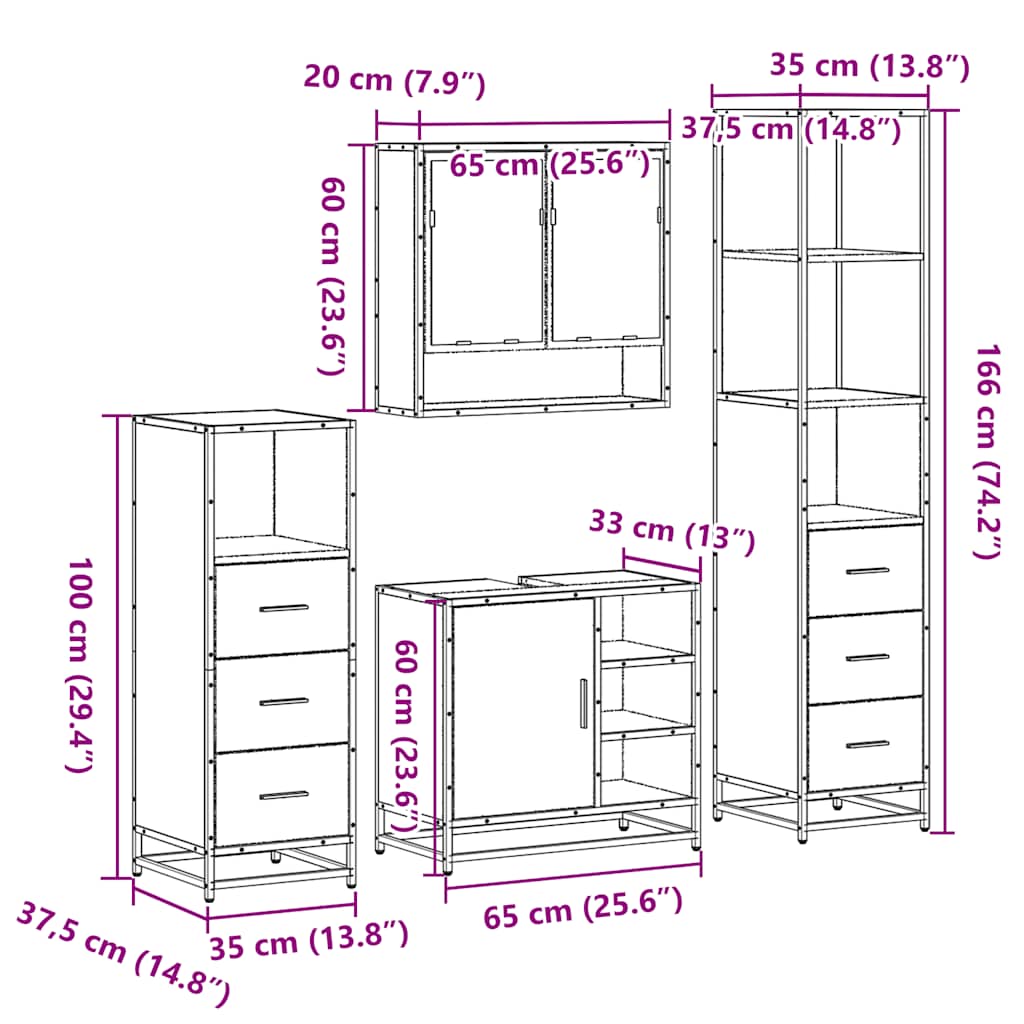4 pcs Conjunto móveis casa de banho madeira proc. cinza sonoma