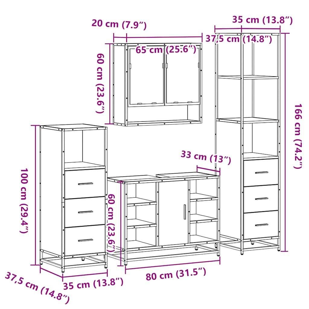 4 pcs Conjunto móveis casa de banho madeira proc. cinza sonoma