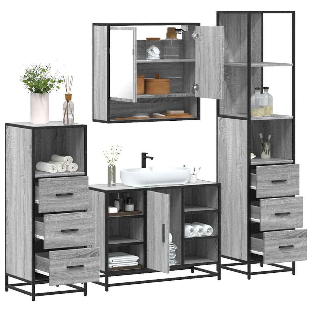 4 pcs Conjunto móveis casa de banho madeira proc. cinza sonoma