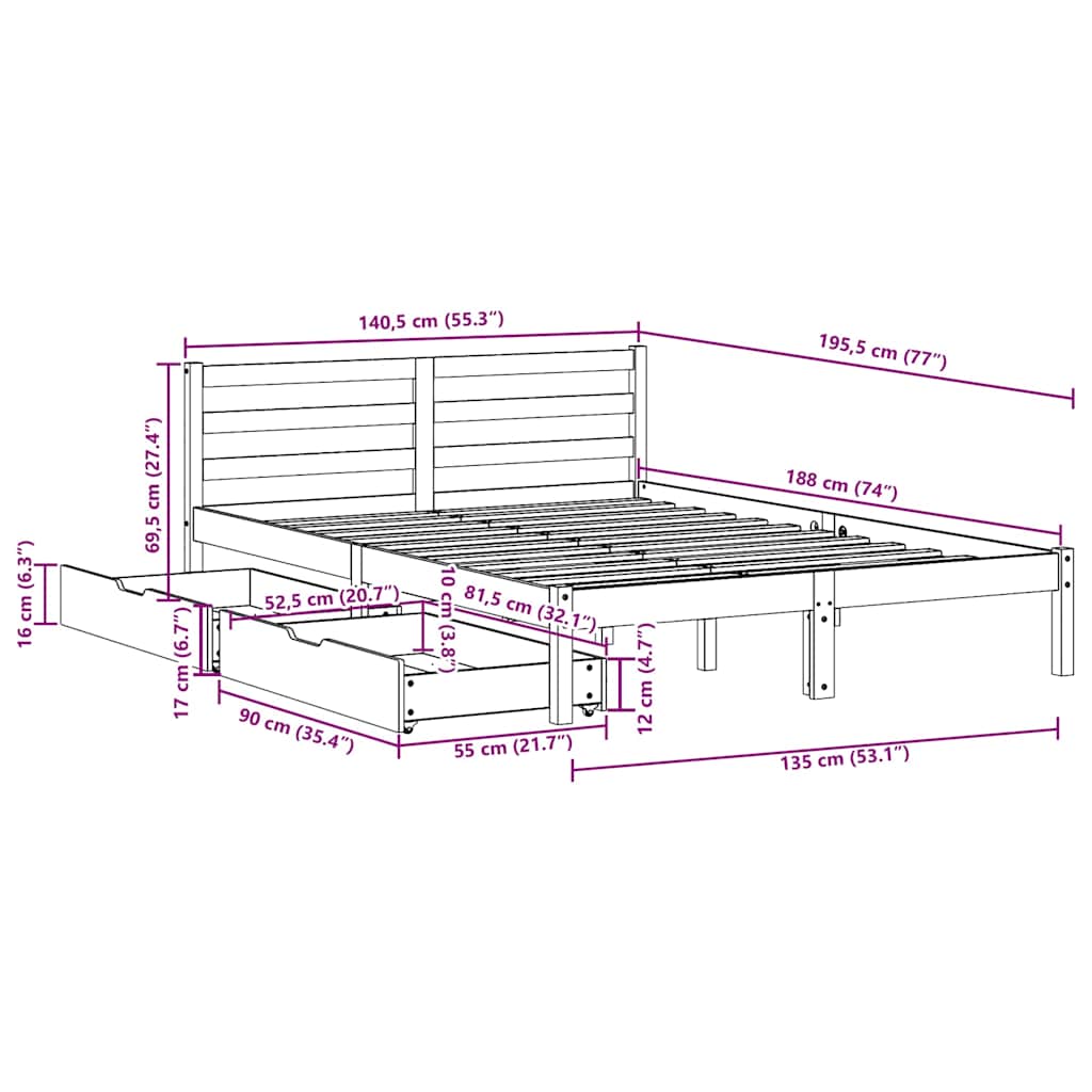 Cama sem colchão 135x190 cm madeira de pinho maciça